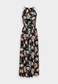 Schwarzes ärmelloses Maxikleid mit halter neck, bedruckt mit pinken und gelben Blumen und verstellbaren Schulterbändern.