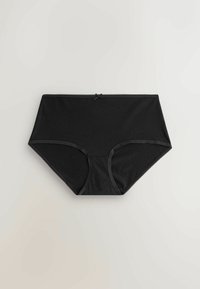 Black high-waisted underwear made of soft fabric, featuring a smooth texture, lace trim along the waistband, and a decorative bow accent.