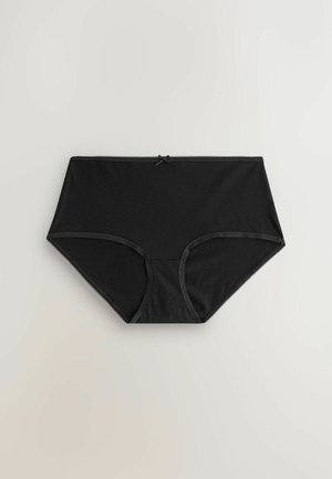 Černé spodní prádlo s vysokým pasem z měkké látky, s hladkou texturou, krajkovým zdobením podél pasu a dekorativní mašlí.