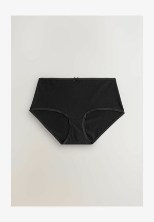 Melnas, augsta vidukļa apakšbikses no mīksta auduma, ar gludu tekstūru, mežģīņu apdari jostasvietā un dekoratīvu loku.