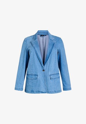Blazer in denim azzurro chiaro con collo a revers, chiusura con un solo bottone e due tasche frontali. Caratterizzato da una texture liscia e un design casual.