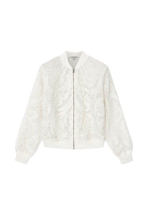 Veste bomber blanche avec une broderie florale en dentelle complexe, fermeture éclair à l'avant, col, poignets et ourlet côtelés.