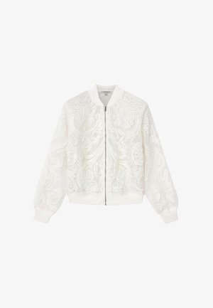 Biała kurtka bomberka z misterną koronkową haftem kwiatowym, z przodu zamek błyskawiczny, prążkowany kołnierz, mankiety i pas.