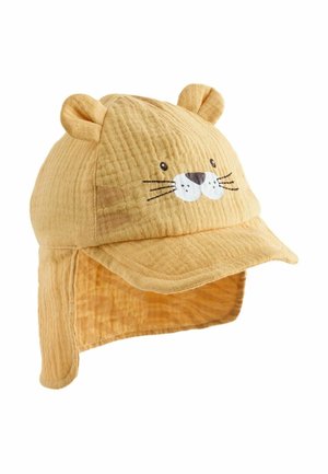Cappello morbido giallo per bambino piccolo con faccia di animale, baffi, orecchie e bavero per protezione dal sole.