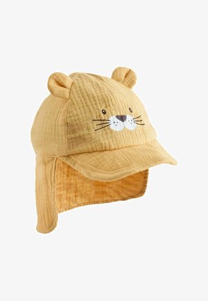 Cappello morbido giallo per bambino piccolo con faccia di animale, baffi, orecchie e bavero per protezione dal sole.