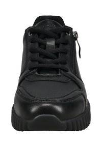 Schwarzer Sneaker mit runder Zehenform, aus Leder und synthetischem Material, mit traditionellen Schnürsenkeln und seitlichem Reißverschlussdetail. Texturierte Sohle.