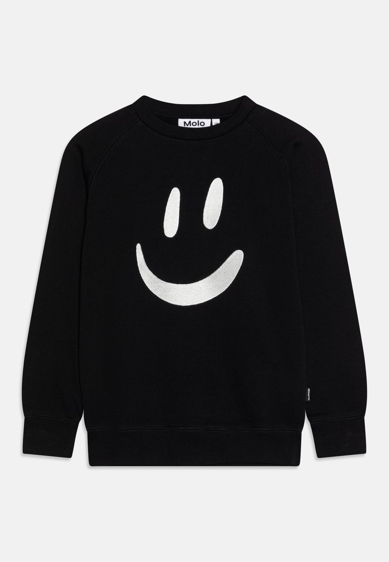 Sort sweatshirt laget av myk stoff med et stort hvitt smilefjes trykk på forsiden. Inkluderer bred rund hals og ribbede mansjetter.