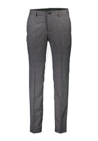 Pantaloni grigi su misura con un motivo a trama, slim fit, e chiusura con un solo bottone. Presentano passanti per cintura e tasche laterali.