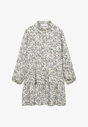 Long-sleeve dress in light beige fabric featuring a black animal print, a button-up front, and a flared lower section. Rounded collar detail.