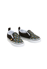 Black slip-on shoes with floral pattern featuring pink, yellow, and blue flowers on a soft, textured fabric. White rubber sole and accents.