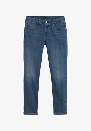 Smaltsiddende blå denimjeans med diskret falming, design med fem lommer, lukning med metal knap og bæltestropper. Tekstureret bomuldsstof.