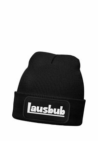 Black knit beanie with a ribbed texture and a folded cuff. Features a rectangular patch with the word "Lausbub" in white.