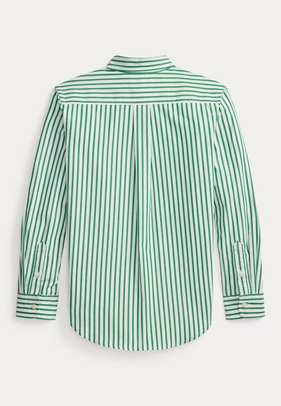 Grön- och vitrandig skjorta med knappar, krage, långa ärmar och manschetter med en knapp. Veckdetalj baktill ger struktur.