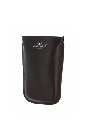 Pochette en cuir noir avec le logo "Golden Head Germany" embossé sur le devant, présentant une texture lisse et des bords inférieurs arrondis.