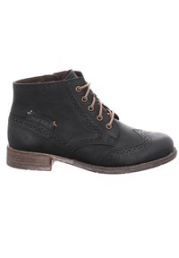 Schwarze Leder-Ankle-Boots mit durchbrochener Detailgestaltung, sandfarbenen Schnürsenkeln und einem braunen Holzabsatz. Sie haben eine runde Zehenform und dezente Markenkennzeichnung an der Seite.