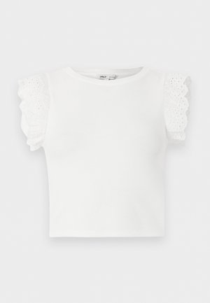 Valge lühikeste varrukatega kudumispusa ümmarguse kaeluse ja varrukatel paeltega silmuskirjaga volangikujundusega.