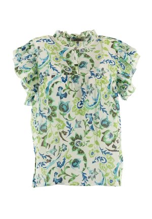 Top de manga corta con estampado floral en verde claro, azul y blanco, que presenta un cuello con volantes y una tapeta con botones. Tejido texturizado.