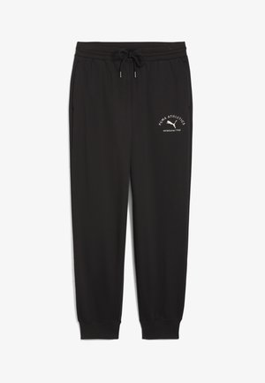 Pantalon de survêtement noir Puma avec taille à cordon, chevilles côtelées, et logo blanc "Puma Athletics" sur la partie supérieure de la cuisse gauche.