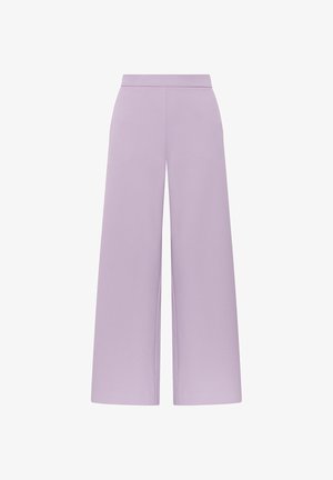 Pantalon large lavande à coupe droite, taille haute, texture lisse, conçu sans poches ni ornements.