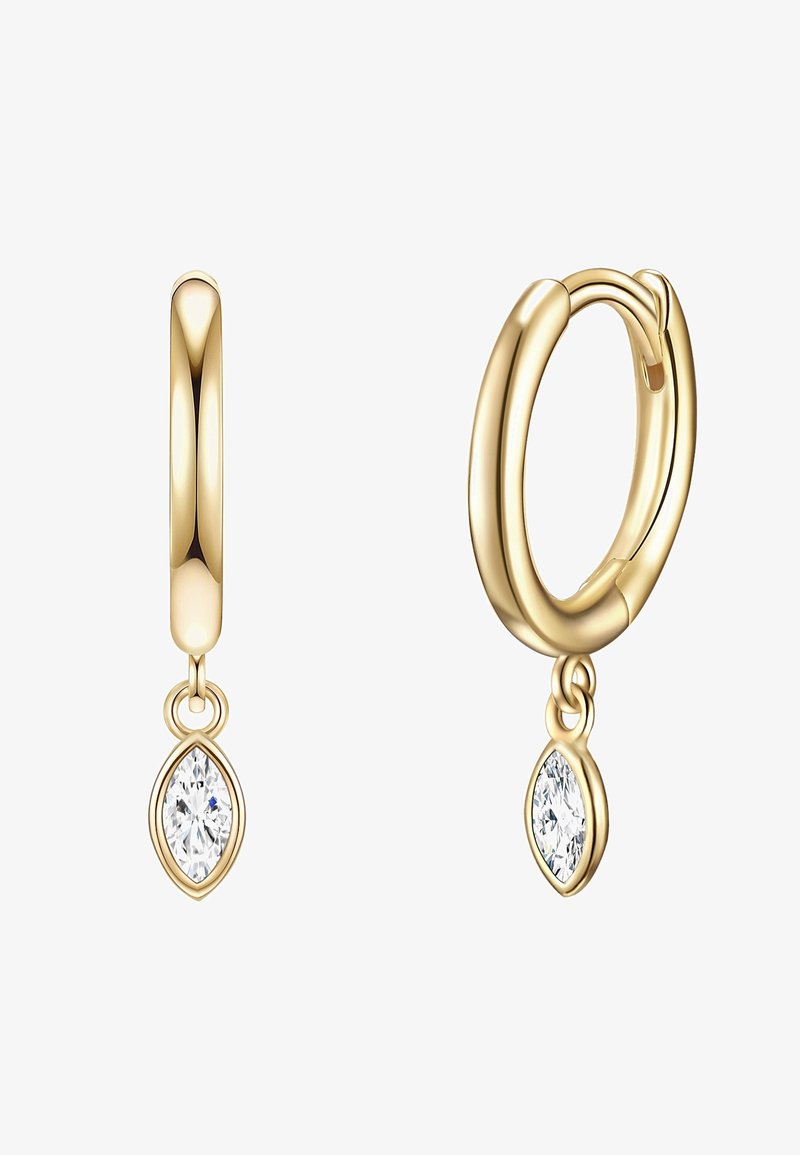 Aukso žiediniai auskarai su pailgu marquise tipo skaidraus kristalo pakabuku. Sklandus paviršius su blizgiu apdaila ir saugiu užsegimu.