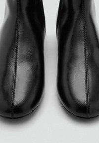 Botine negre din piele cu un finisaj neted, vârf ascuțit și fermoar lateral. Au cusături subtile de-a lungul marginii.