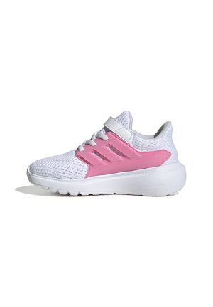 White athletic shoe with pink accents, mesh upper for breathability, strap closure, and a textured white rubber sole.