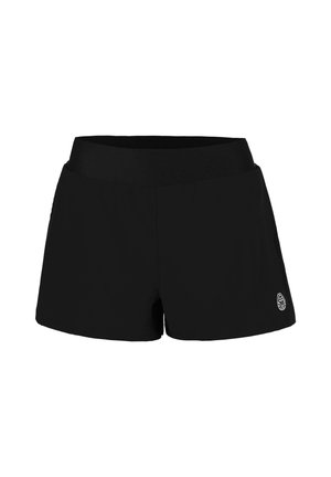 Schwarze Sportshorts mit breitem Bund und kleinem rundem Logo unten links.