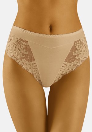 Beige hoge taille onderbroek met doorschijnende floral kantpanelen aan de zijkanten, een soepele stof en een gekartelde rand aan de taille.