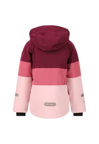 Bordeauxrode en roze kleurgebloekte jas met een capuchon, met een gladde textuur, reflecterende details en elastische manchetten. Logo op de onderrug.