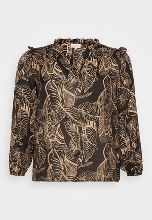 Blusa preta com um padrão de folhas em bege. Apresenta mangas longas, decote franzido e um corte solto. Feita de um tecido leve.