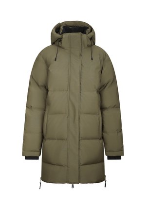 Olivengrønn pufferjakke med hette, høy krage, glidelåslukking og elastiske mansjetter. Boksformet design med quiltet fylling.
