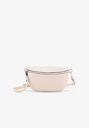 Bolso pequeño de cuero beige tipo bandolera con cremallera plateada y correa ajustable, mostrado sobre un fondo blanco.
