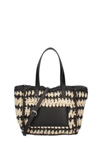 Borsa intrecciata con un design a righe bianche e nere, strap in pelle e un elegante pannello nero su un lato.