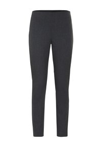 Grå byxor i slim fit-tyg, med en mjuk textur och elastisk midja, utan synliga knappar eller fickor.