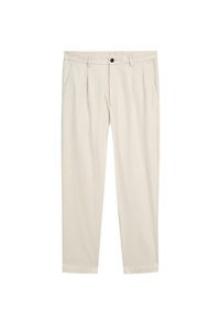 Light beige trousers with a relaxed fit, featuring two side pockets, a single button closure, and a smooth, soft cotton blend texture.