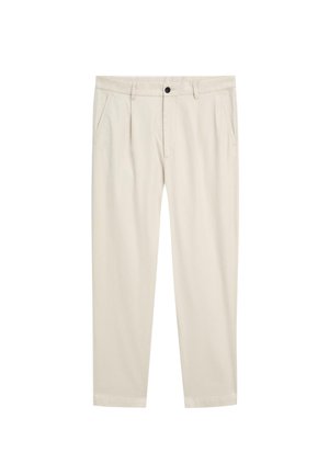 Light beige trousers with a relaxed fit, featuring two side pockets, a single button closure, and a smooth, soft cotton blend texture.
