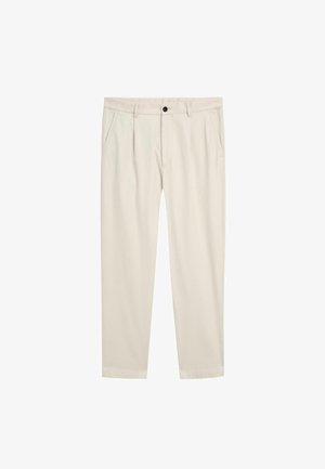 Pantaloni beige chiaro con vestibilità rilassata, dotati di due tasche laterali, chiusura con un bottone e una morbida trama in cotone misto.