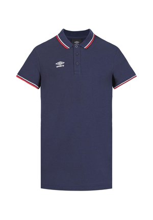 Polo bleu marine à manches courtes avec col et bordures de manches rayés rouge, blanc et bleu marine, et un logo Umbro blanc sur la poitrine.