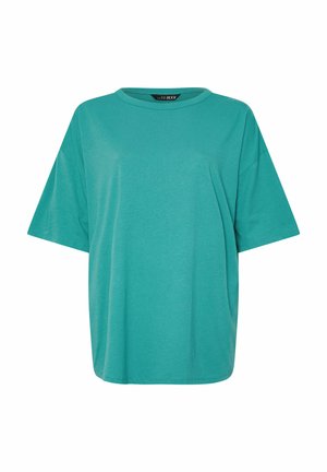 Oversized teal T-shirt met korte mouwen en een ronde hals, met verlaagde schouders, gemaakt van zachte stof, afgebeeld op een witte achtergrond.