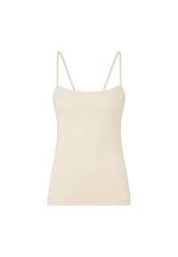 Lichtbeige cami met dunne verstelbare bandjes, gladde textuur, aangesloten ontwerp en een rechte onderrand, geschikt voor lagen of casual draag.