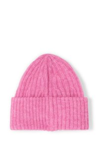 Minkšta rausva megzta kepurė su gumele, skirta šilumai ir kasdieniam dėvėjimui.