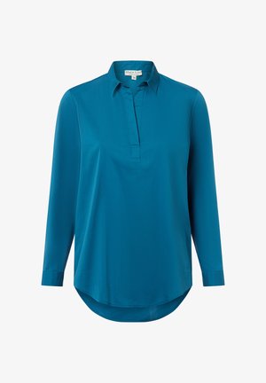 Turkusowa koszula z długim rękawem, z plakatą i kołnierzykiem. Gładki, lekki materiał, zaokrąglony dół, ma mankiety przy rękawach i metkę wewnątrz.