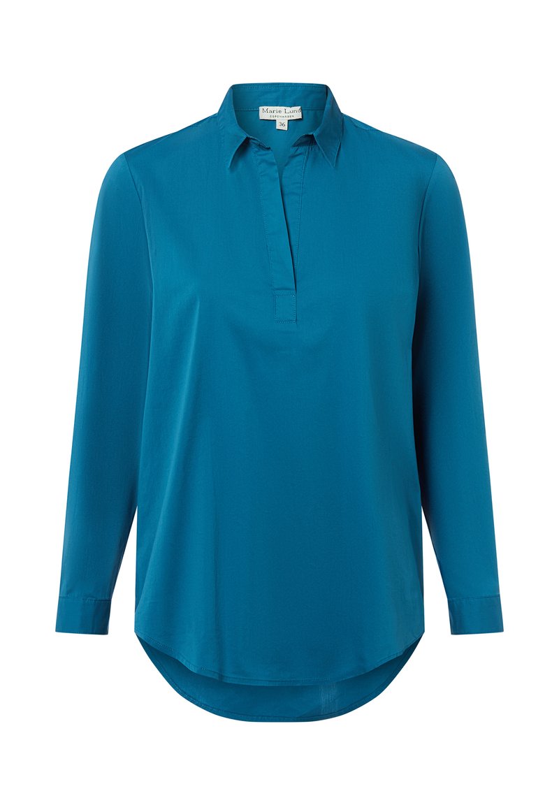 Maglietta a maniche lunghe color teal con bottoni e colletto. Tessuto liscio e leggero, orlo curvo, con polsini alle maniche e un'etichetta all'interno.