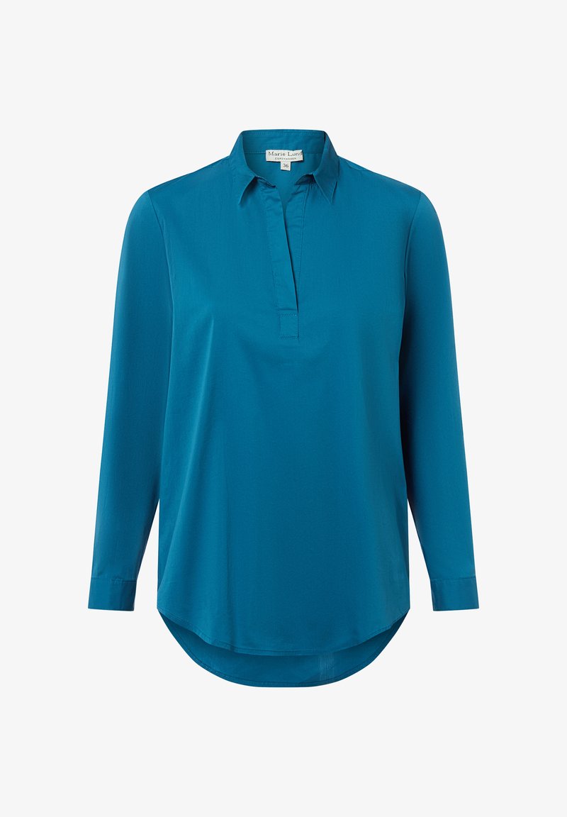 Maglietta a maniche lunghe color teal con bottoni e colletto. Tessuto liscio e leggero, orlo curvo, con polsini alle maniche e un'etichetta all'interno.