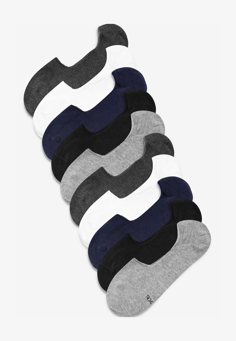 Assorted no-show socks, featuring cotton blend material. Colors include gray, black, navy, white, with a smooth texture and low cut design.