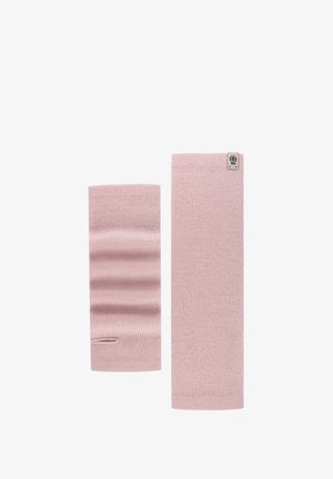 Pair of pink knitted wrist warmers, one folded and one laid flat with a small fabric tag on the edge, on a white background.