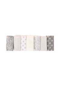 Set van zeven stoffen swaddles in verschillende tinten grijs, wit en crème. De patronen omvatten bloemmotieven, stippen en geometrische ontwerpen.