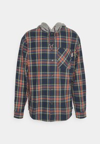 Koszula w kratę o granatowej bazie, z czerwonymi, żółtymi i zielonymi liniami. Zawiera szary kaptur i jedną kieszeń na piersi z ukośnym wzorem.