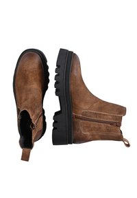 Brown suede ankle boots with elastic side panels, rubber soles featuring a treaded design, and a rear pull tab for easy wear.