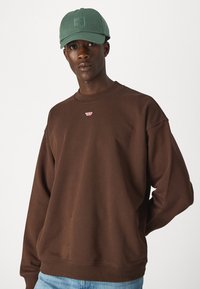 Felpa marrone con collo a giro e maniche lunghe, caratterizzata da un piccolo logo rosso. Abbinata a un cappellino da baseball verde con una toppa con logo.